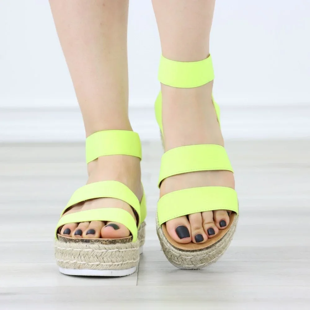 Neon Yellow Elastic Strappy Sandals Espadrille Platform Heel - Picture 9 of 11